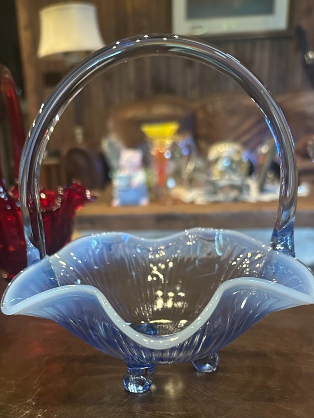 Vintage Fenton Glass "Cabbage Rose" Bride's Basket in Lavender Blue Opalescent.